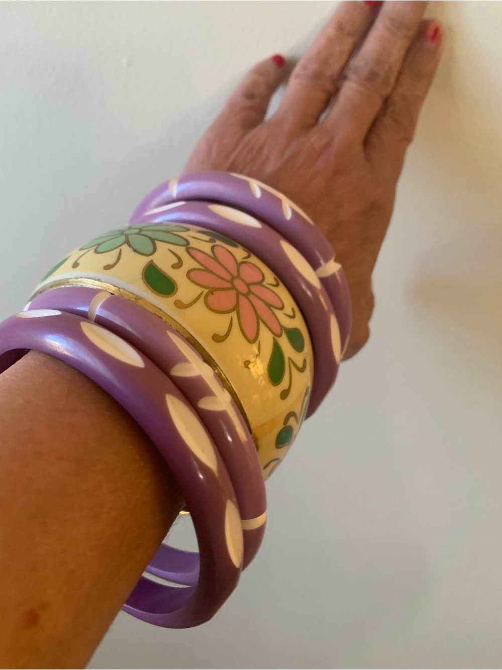 Floral Cream and Lavender Bangle Bracelet Set